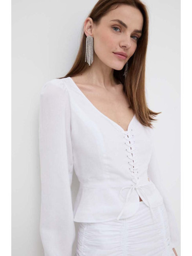 Блуза с лен Guess FEDERICA в бяло с изчистен дизайн W4GH88 WG7B0