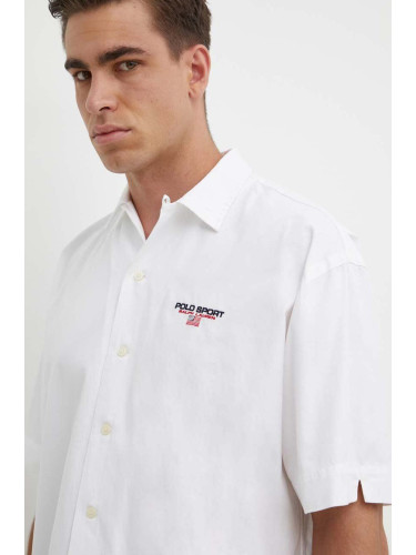 Памучна риза Polo Ralph Lauren мъжка в бяло със свободна кройка с класическа яка 710945727