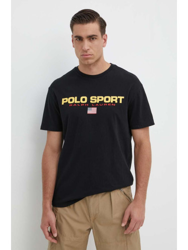 Памучна тениска Polo Ralph Lauren в черно с принт 710750444