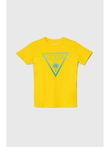Детска тениска Guess в жълто с принт