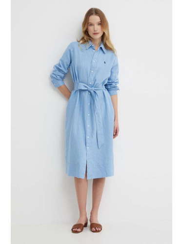Ленена рокля Polo Ralph Lauren в синьо къса със стандартна кройка 211943992