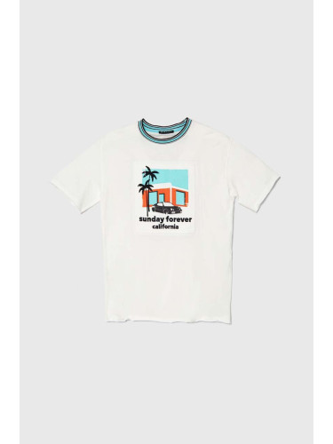 Детска памучна тениска Sisley в бяло с апликация