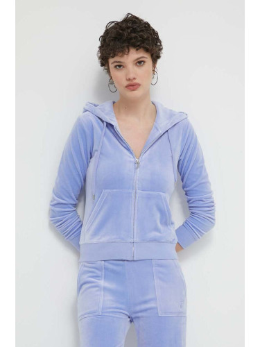 Кадифен суичър Juicy Couture в синьо с качулка с изчистен дизайн