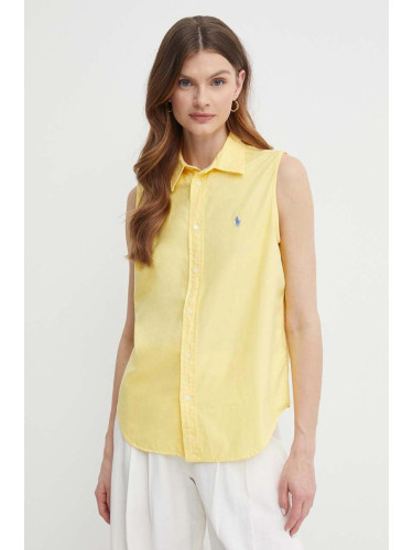 Памучна риза Polo Ralph Lauren дамска в жълто със стандартна кройка с класическа яка 211906512