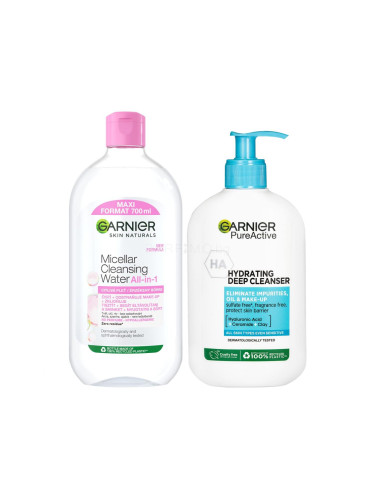 Пакет с отстъпка Мицеларна вода Garnier Skin Naturals Micellar Cleansing Water All-in-1 + Почистващ гел Garnier Pure Active Hydrating Deep Cleanser