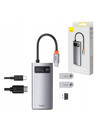 Докинг станция Baseus USB-C Metal Gleam Series 5-in-1 Hub, от USB C към 1x USB C / 3x USB A / 1x HDMI, сива