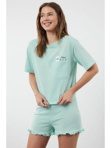 Trendyol Mint Cotton Ruffle Printed Knitted Pajama Set