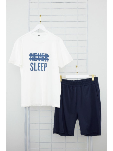 Trendyol Navy Blue Regular Fit Knitted Summer Pajama Set with Shorts