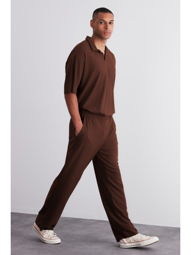 Trendyol Limited Edition Brown Comfort/Wide Leg Textured Wrinkle-Resistant Hidden Drawstring Sweatpants