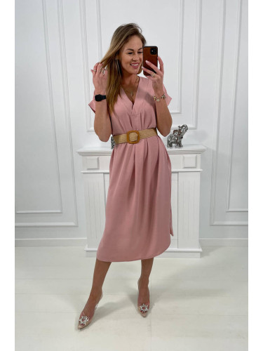 Women's dress with decorative belt - dark powder pink