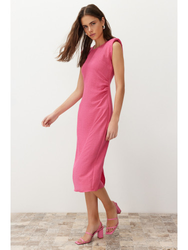 Trendyol Pink Straight Cut Gather Detailed Midi Woven Dress