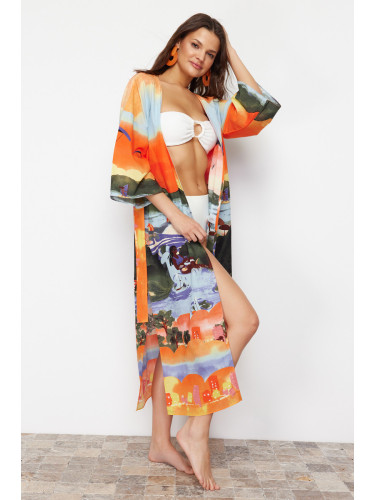 Trendyol Landscape Patterned Belted Maxi Woven Beach Kimono&Caftan