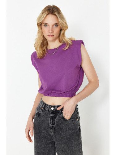 Trendyol Purple 100% Cotton Padded Crop Crew Neck Knitted T-Shirt