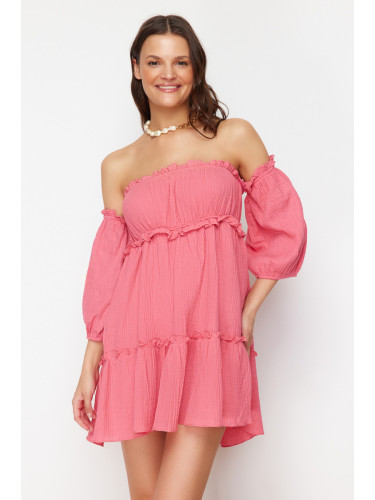 Trendyol Fuchsia Mini Woven Ruffled Muslin Beach Dress