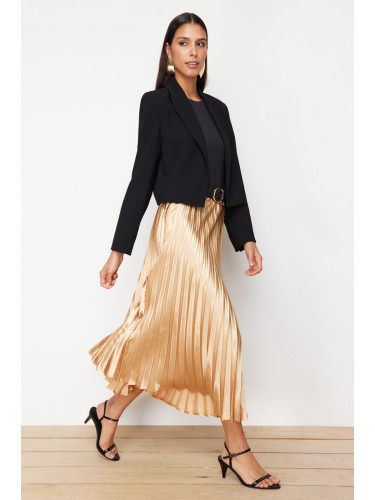 Trendyol Gold Pleated Satin Fabric Maxi Length Woven Skirt