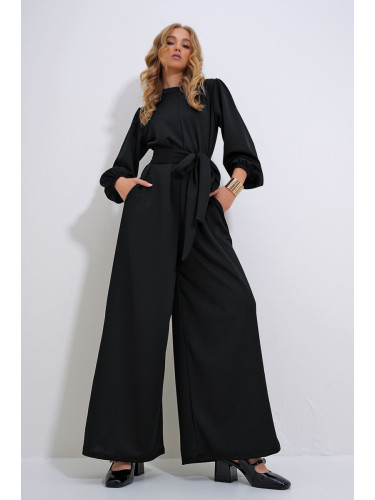 Trend Alaçatı Stili Women's Black High Collar Back Zipper Princess Sleeve Waist Belted Jumpsuit