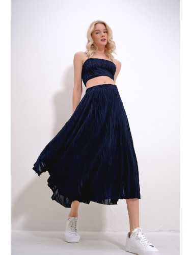 Trend Alaçatı Stili Women's Navy Blue Bustier and Skirted Bottom Top Woven Set