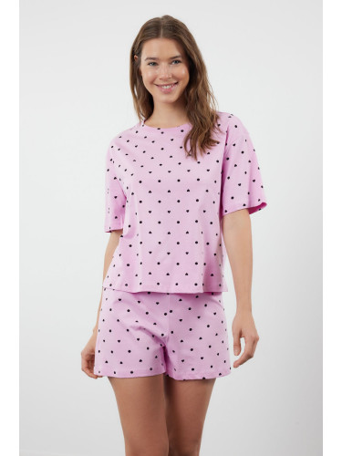 Trendyol Pink 100% Cotton Heart Patterned T-shirt-Shorts Knitted Pajama Set