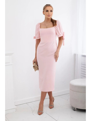 Women's dress gathered at the back with tie-up sleeves - light pink