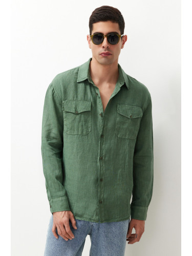 Trendyol Dark Green Limited Edition 100% Linen Regular Fit Shirt