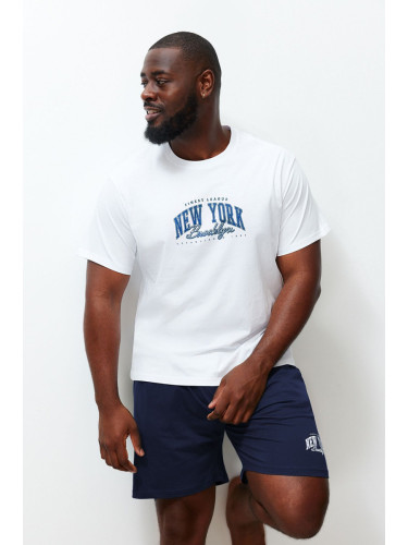 Trendyol Ecru Navy Blue Regular Fit Printed Plus Size Pajama Set with Shorts