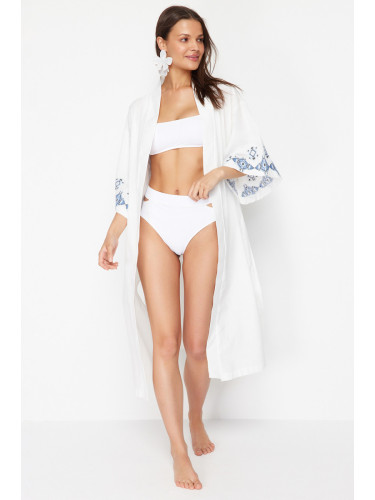 Trendyol Ecru Belted Maxi Woven Embroidered Linen Look Kimono&Kaftan