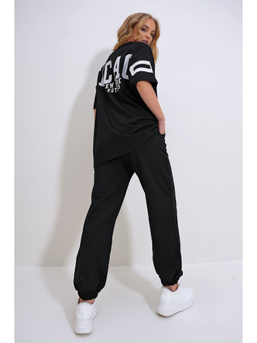 Trend Alaçatı Stili Women's Black Crew Neck Printed T-Shirt and Jogging Tracksuit Set