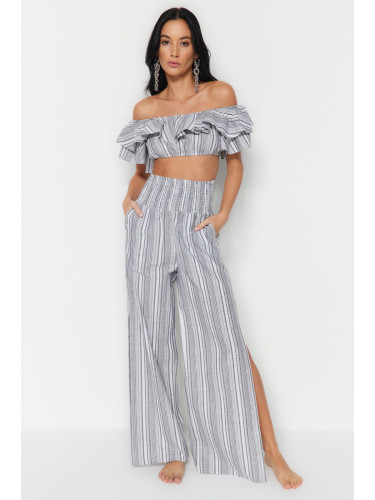 Trendyol Gray Striped Woven Frilly Blouse Trouser Suit