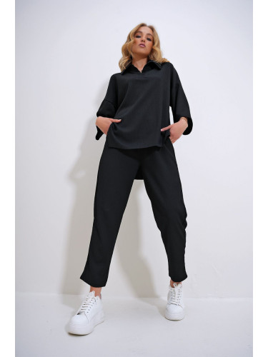Trend Alaçatı Stili Women's Black Oversize Shirt Collar Blouse and High Waist Trousers Set