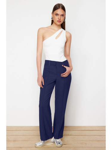 Trendyol Navy Blue Ribbed High Waist Straight Cut Woven Trousers