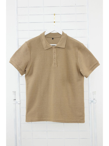Trendyol Mink Regular Cut Short Sleeve Textured Buttoned Polo Neck T-shirt