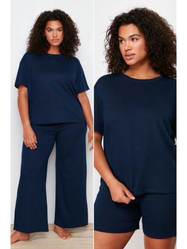 Trendyol Curve Navy Blue Crew Neck 3-Piece Knitted Pajamas Set