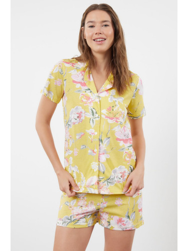 Trendyol Yellow 100% Cotton Floral Knitted Pajama Set