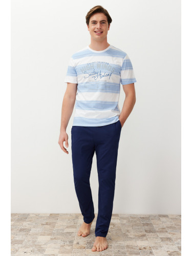 Trendyol Men's Blue Regular Fit Striped Knitted Pajama Set