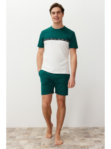 Trendyol Green Ecru Color Block Pajama Set with Elastic Waist Regular Fit Knitted Shorts
