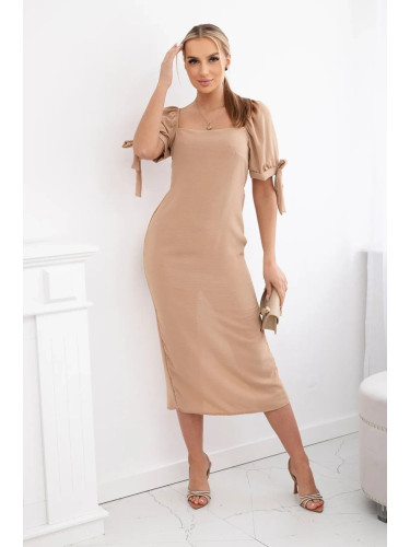 Women's dress gathered at the back with tied sleeves - camel