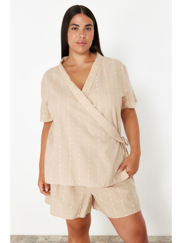 Trendyol Curve Beige Double Breasted Stripe Detailed Woven Pajama Set