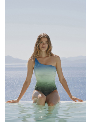 Trendyol Batik Patterned Single Shoulder Stoned Regular Swimsuit
