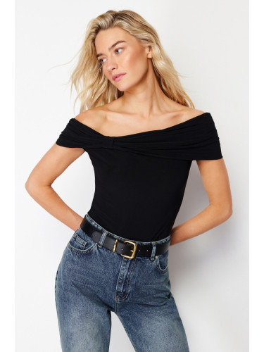 Trendyol Black Carmen Collar Fitted Stretchy Crop Knitted Blouse