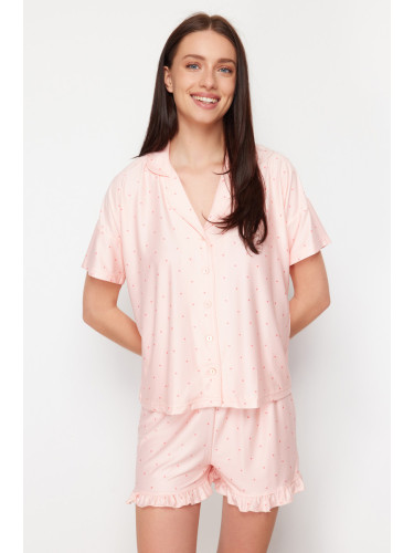 Trendyol Salmon Polka Dot Frill Detailed Knitted Pajamas Set