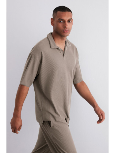 Trendyol Limited Edition Mink Oversize/Wide Textured Wrinkle-Free Ottoman Polo Collar T-Shirt
