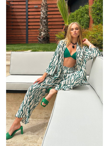 Trend Alaçatı Stili Women's Green Patterned Kimono Set