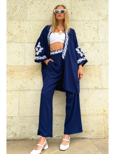 Trend Alaçatı Stili Women's Navy Blue Embroidery Detailed Pocketed Trousers and Kimono Jacket Double Set