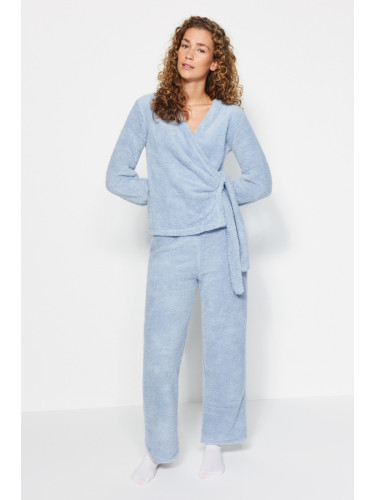 Trendyol Light Blue Double Breasted Collar Wellsoft Winter Knitted Pajamas Set