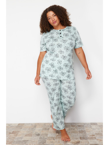 Trendyol Curve Mint Buttoned Flower Patterned Knitted Pajamas Set