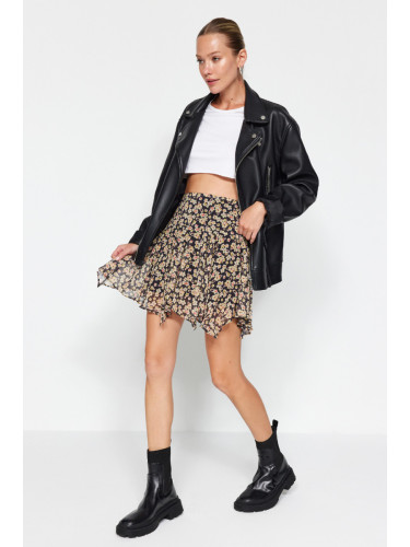 Trendyol Orange Flower Patterned Asymmetrical Viscose Fabric Mini Woven Skirt