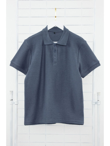 Trendyol Indigo Regular Cut Short Sleeve Textured Buttoned Polo Neck T-shirt
