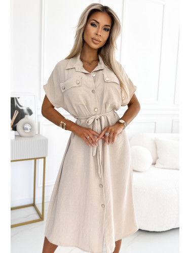 550-1 Midi shirtdress with gold buttons, ties and short sleeves - beige