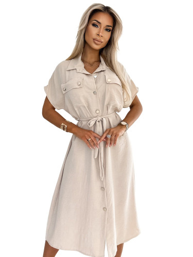 Women's midi shirt dress with gold buttons, ties and short sleeves Numoco