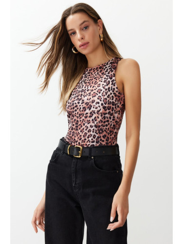 Trendyol Light Brown Leopard Patterned Barbell Neck Flexible Snaps Knitted Bodysuit